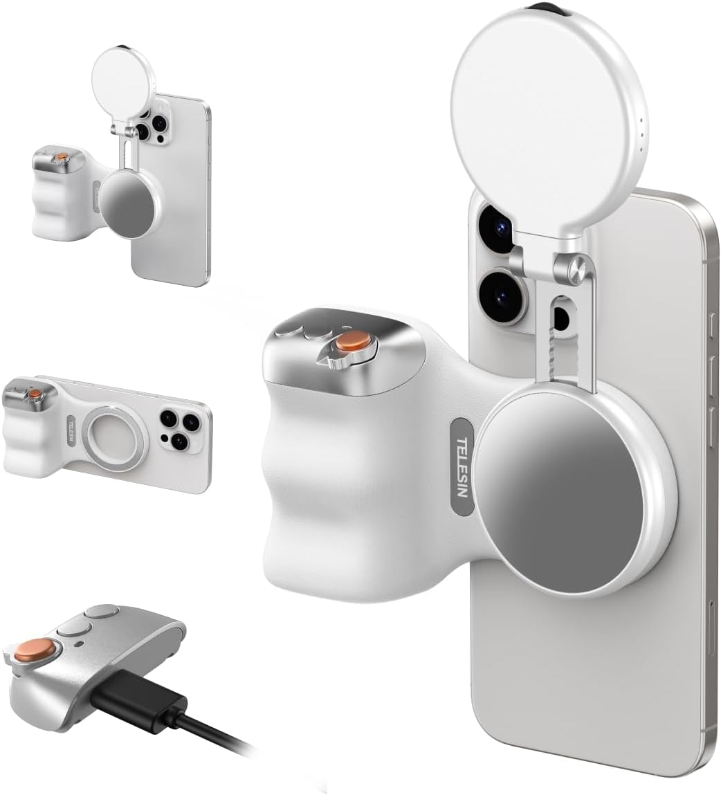 Magnetic Phone Camera Grip with C03 Magnetic Selfie Light Kit for Enhanced Photography and Video Conferencing on iPhone MagSafe and Android Devices
