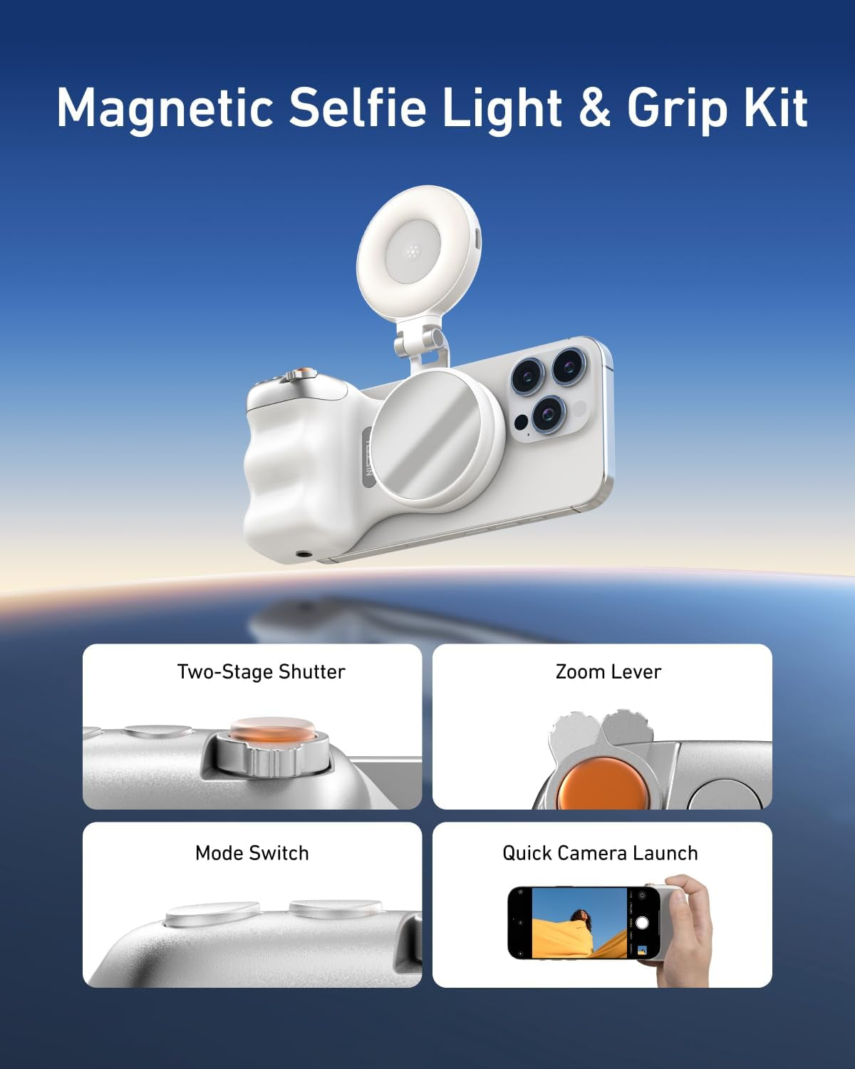 Magnetic Phone Camera Grip with C03 Magnetic Selfie Light Kit for Enhanced Photography and Video Conferencing on iPhone MagSafe and Android Devices