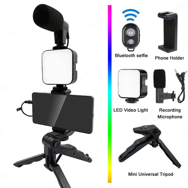 Professional Smartphone Video Kit with LED Lighting, Microphone, and Stabilizer Tripod
