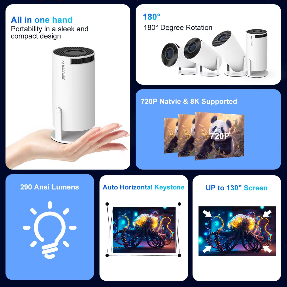 HY300 PRO 8K Android Projector with Dual WiFi 6, 290 ANSI Lumens, Allwinner H726, Bluetooth 5.4, 1080P, and 1280x720 Resolution for Home and Outdoor Cinema